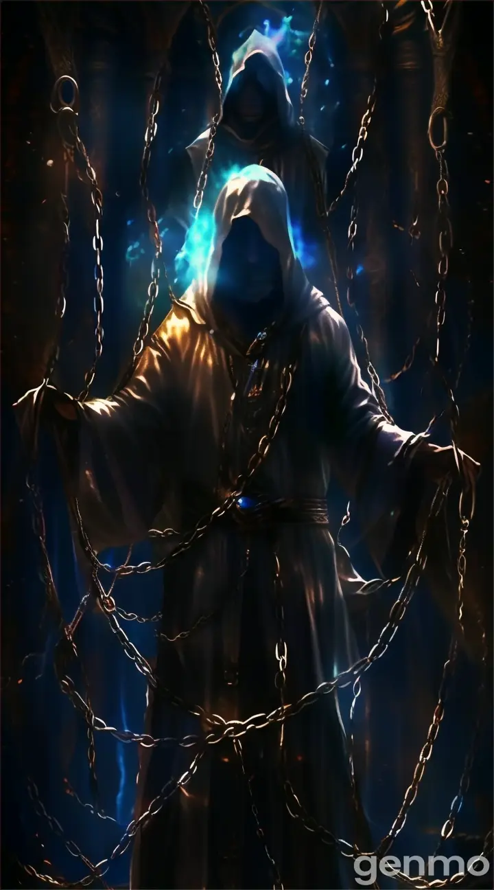 a man in a hooded robe holding a chain