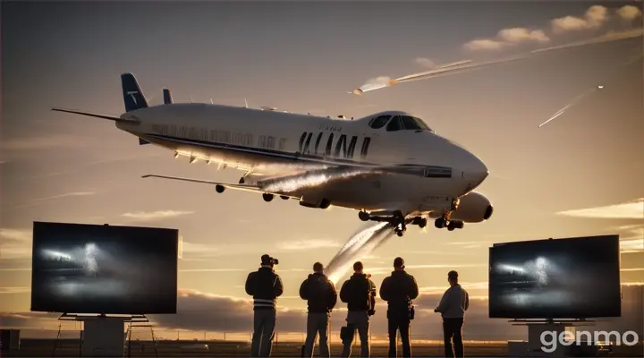 realistic footage of a plane spraying chemicals in the sky while people are distracted by football on a tv