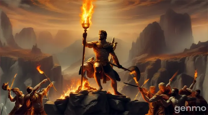 "Epic scene of Prometheus stealing fire from Mount Olympus. Mythical figure holding a flaming torch, surrounded by ancient Greek gods. Dark, dramatic lighting with a focus on Prometheus' determined expression."
