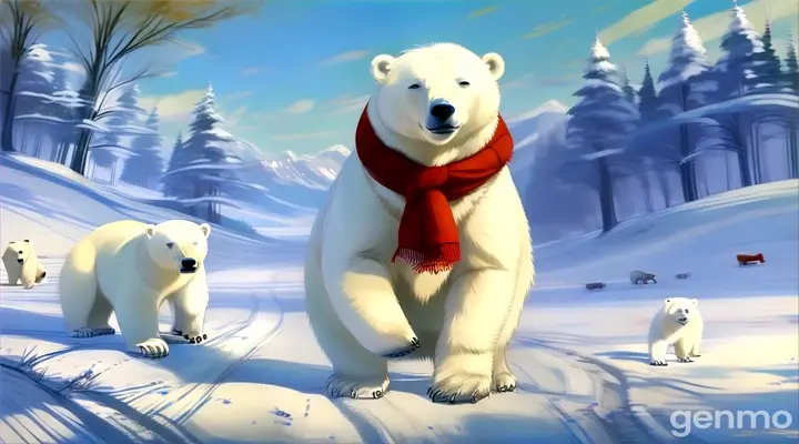 a painting of a polar bear with two cubs