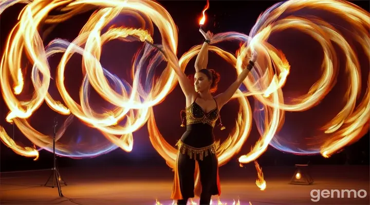 ""Mesmerizing modern fire show with performers juggling flames and spinning fiery hoops. Dramatic night setting with intricate fire patterns creating stunning visual effects. Smooth transition to a slow-motion shot of a spinning fire circle."
