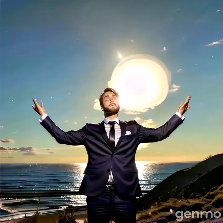 a man in a suit and tie standing in front of the ocean