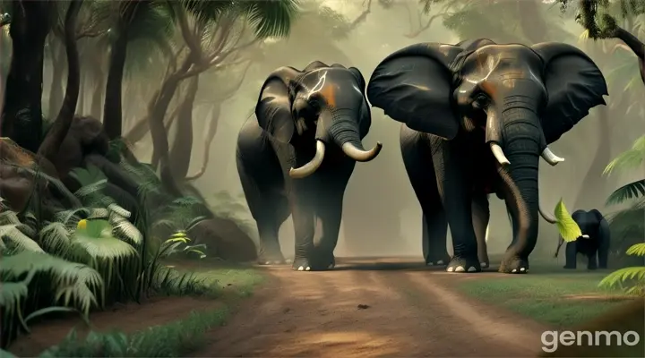 "In the jungle landscape, only ONE  black elephant's feet are shown thumping on the ground, emphasizing its size and power, and small animals are seen running away in panic. This scene is rendered in vibrant 3D, with rich, saturated colors and detailed textures that bring the environment to life."