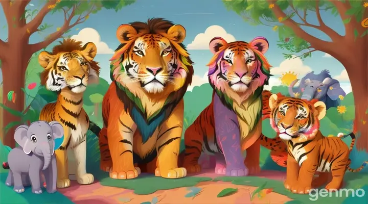 Create a colorful and vibrant illustration for a children's song about animals. The scene should be lively and engaging, featuring the following animals: