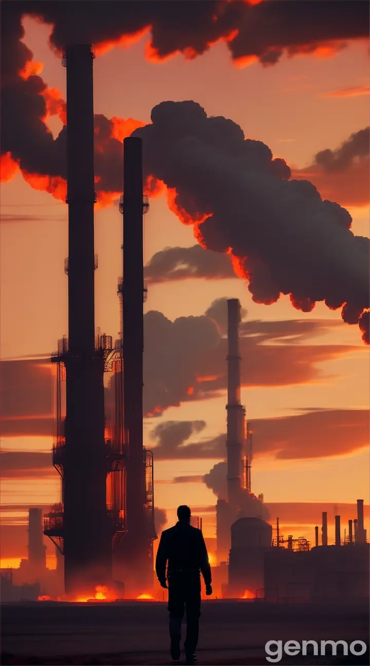 Man walks in silhouette towards a cluster of smoking refinery towers, set against a fiery sunset