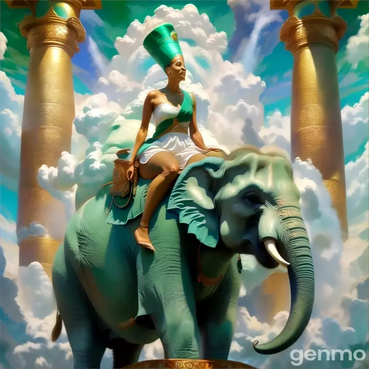 a painting of a woman riding on the back of an elephant