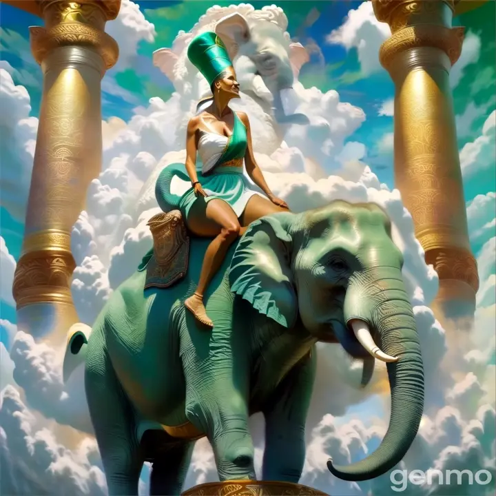 a painting of a woman riding on the back of an elephant