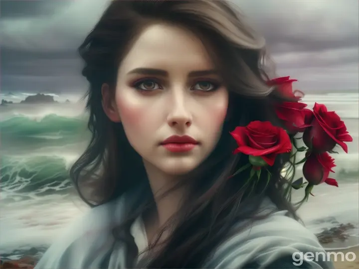 Hyper-realistic portrait of woman holding scarlet roses on a beach with crashing waves, surrounded by mist and grey clouds