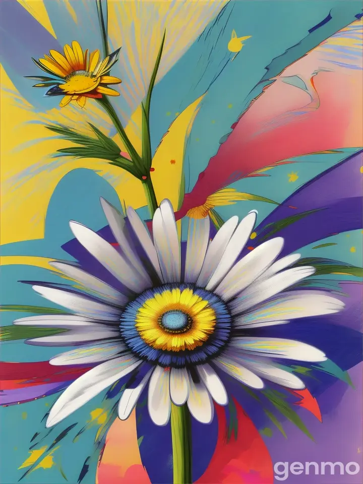 Drawing: lonely daisy with stem in the style of Picasso On an abstract background of pop art BLUE SKY with spots and strokes with yellow-blue and purple shades. There is a stylized sun with rays in the sky.
Рисунок: одинокая ромашка со стеблем в стиле Пикассо  На абстрактном фоне поп-арт ГОЛУБОГО НЕБА с пятнами и штрихами с желто-синими и лиловыми оттенками.  На небе стилизованное солнце с лучами. 