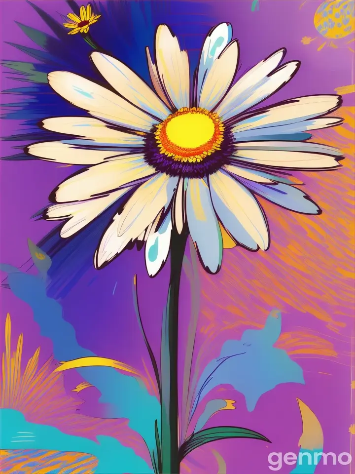 Drawing: lonely daisy with stem in the style of Picasso On an abstract background of pop art BLUE SKY with spots and strokes with yellow-blue and purple shades. There is a stylized sun with rays in the sky.
Рисунок: одинокая ромашка со стеблем в стиле Пикассо  На абстрактном фоне поп-арт ГОЛУБОГО НЕБА с пятнами и штрихами с желто-синими и лиловыми оттенками.  На небе стилизованное солнце с лучами. 