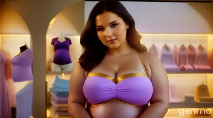 beautiful pragnent Russian woman plus size in a cotton summer golden and lite purple open bikini cotton top plus size is posing for a picture in cloth store