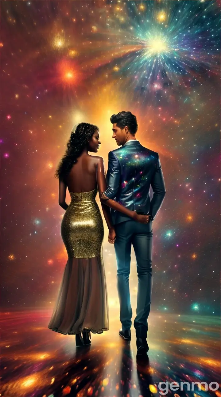 A men and women brown skinned walking a path into a glittering galaxy, with the stars raining down around them in a surreal, sparkling shower two people above flat earth  Van Gogh art style one man one woman 