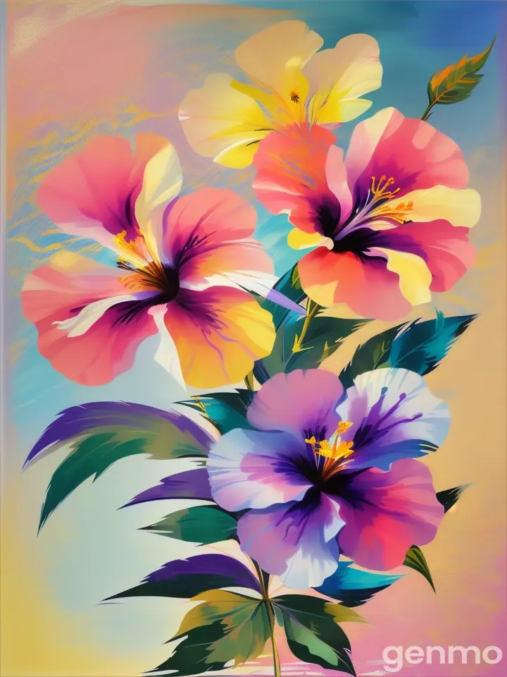 Drawing: on a blue sky with spots and strokes with yellow-blue and purple shades: a stylized sun with rays. In the foreground: three stylized hibiscus flowers with stems in the style of Picasso
Рисунок: на голубом небе с пятнами и штрихами  с желто-синими и лиловыми оттенками: стилизованное солнце с лучами. На переднем плане: три стилизованных Гибискусов  flower со стеблями в стиле Пикассо.
