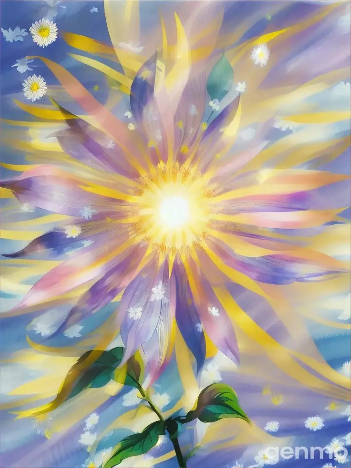 Drawing: on a blue sky with spots and strokes with yellow-blue and purple shades: a stylized sun with rays. In the foreground: three stylized clematis flowers with stems.
Рисунок: на голубом небе с пятнами и штрихами с желто-синими и лиловыми оттенками: стилизованное солнце с лучами. На переднем плане: три стилизованных клематис flower со стеблями.