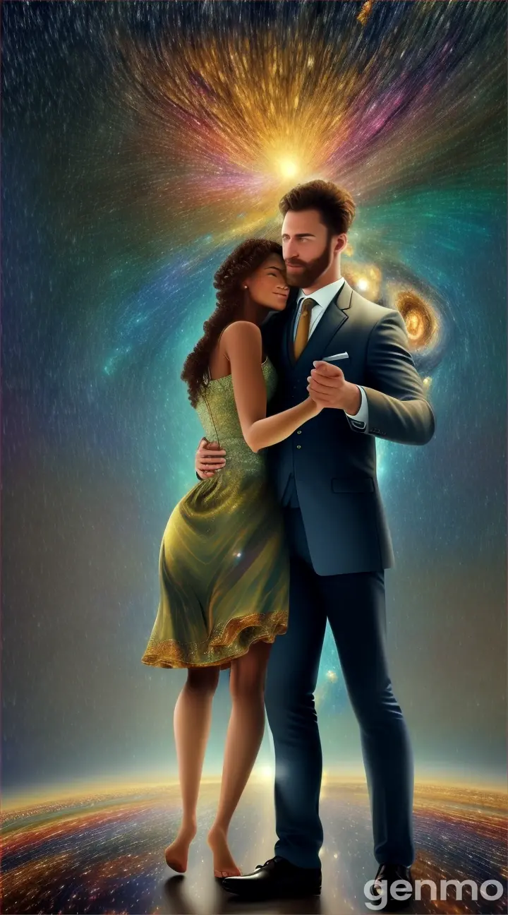 A men and women brown skinned dancing into a glittering galaxy, with the stars raining down around them in a surreal, sparkling shower two people above flat earth  Van Gogh art style one man one woman dancing 