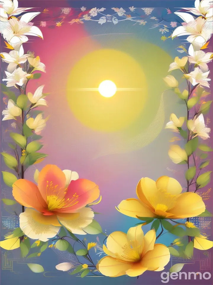 Drawing: on a blue sky stylized sun with rays. In the foreground: three stylized  azalea flower with stems.
Рисунок: на голубом небе стилизованное солнце с лучами. На переднем плане: три стилизованных азалия flower со стеблями.
