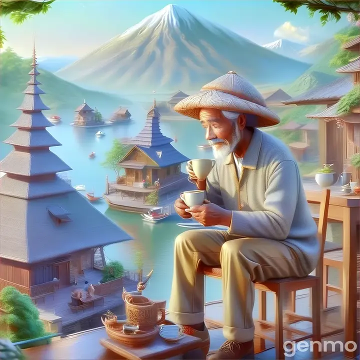 a painting of a man sitting at a table with a cup of coffee