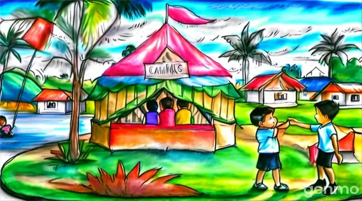 a drawing of a woman and a child standing in front of a tent