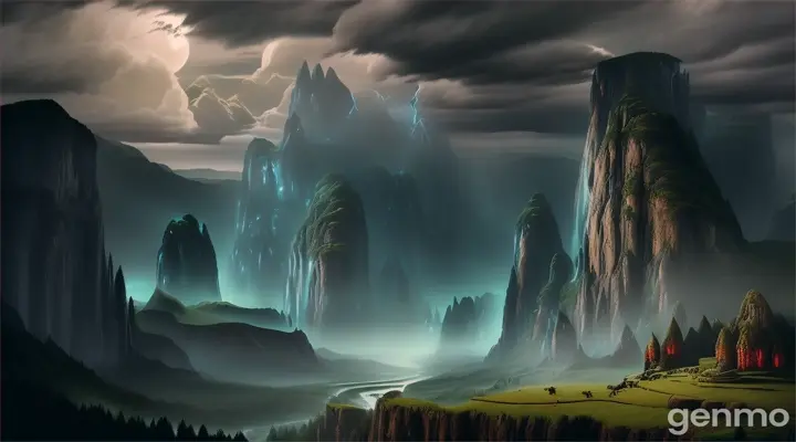 An amazing 3D scene of an ancient fantasy land Tense and engaging: The scene should evoke a sense of fear and urgency, drawing the audience into the story and setting the stage for the upcoming conflict and resolution involving Big Black Wicked and Cruel Elephant and the forest animals.