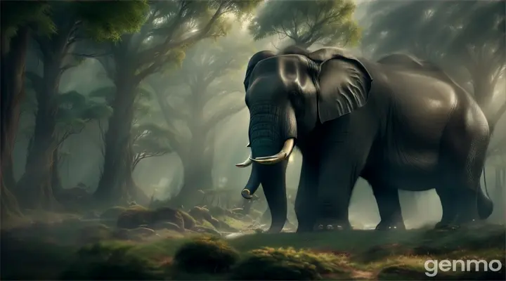 in the Dense forest The scene should evoke Medium shot of the camera panning through the forest, focusing on various animals and their fearful reactions to one Big Black Wicked and Cruel Elephant presence.. An amazing 3D scene of an ancient fantasy land Tense and engaging: