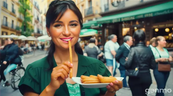 une belle femme de 40 ans, souriante, aux cheveux noirs et aux yeux verts clairs, avec une frange sur le front et une queue de cheval, mange des churros dans une rue à Madrid.