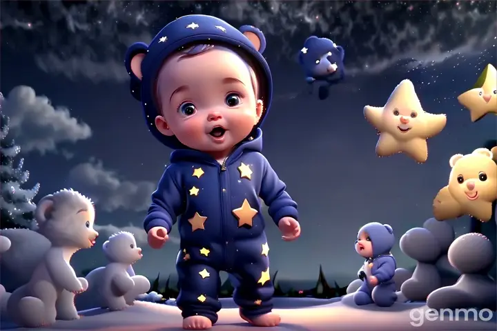 a baby in a bear suit standing next to a star talking with star and looking at star