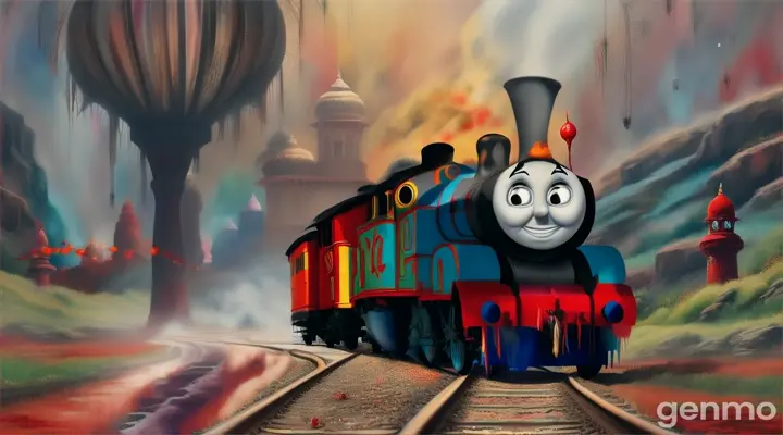 Thomas the train with SPIDER LEGS TO IT, red liquid dripping out of the sharp teeth in India
