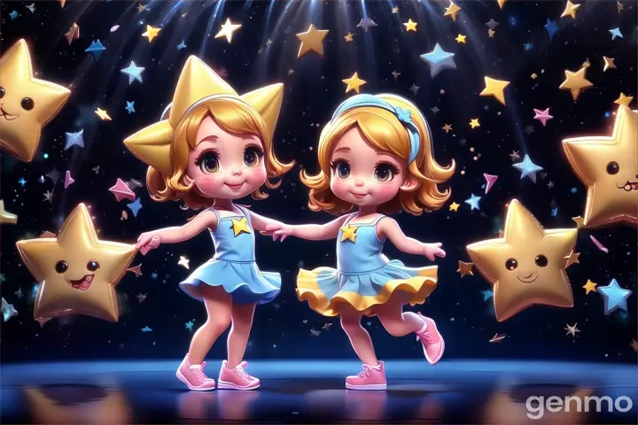 a couple of little girls dancing next to each other with stars