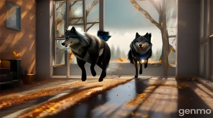 Make an animated video of a wolf running away from the house through window