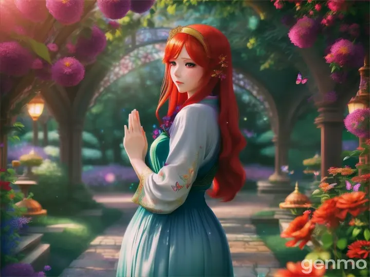 A beautiful, in long dress,hijab and red-headed cute anime girl while she is praying in front of camera with a Magic World in the background