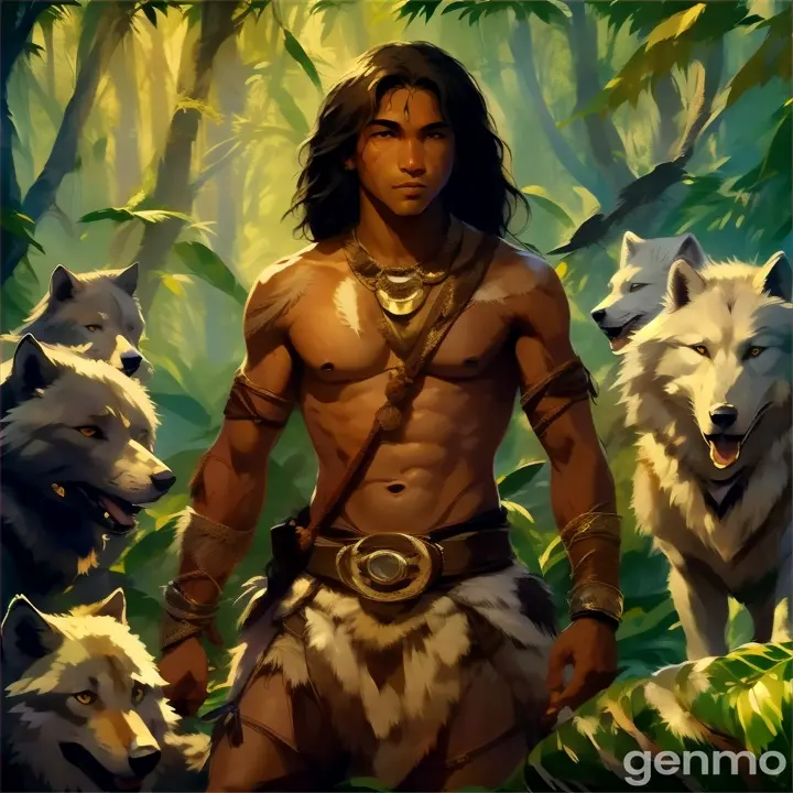 a painting of a native american man surrounded by wolfs