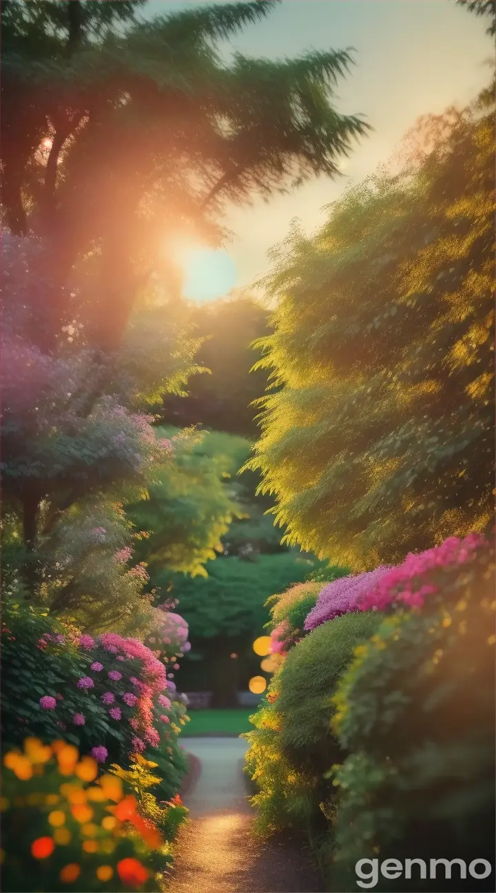 Moving point of view through whimsical garden foliage during sunset, with a playful sense of movement and bright colors