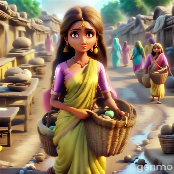 a poor woman wearing light yellow saree , pink blouse long hair , big eyes  carrying basket and walking in the dirt street of village   3D animation cartoon indian style 