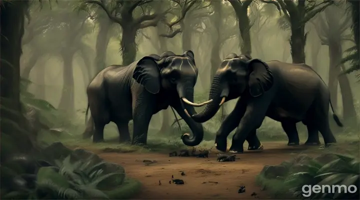In a dense forest,  a small animal  a deer and monkey capture by a large black elephant violently  and throws the animal to the ground by holding it in its trunk, which shows the violent nature of its actions.