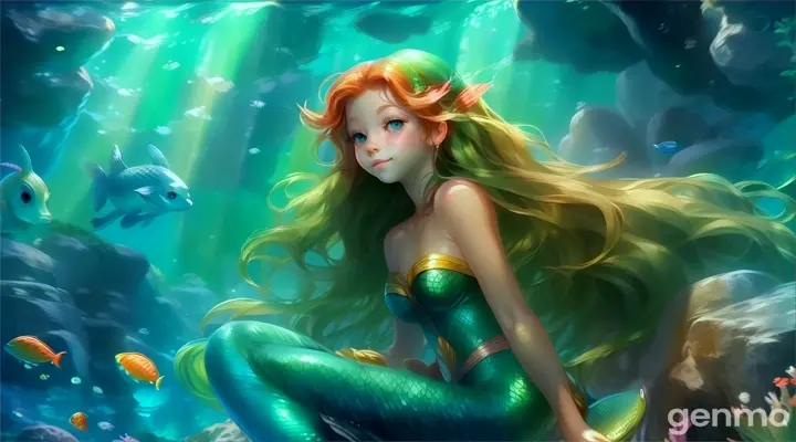 a painting of a  little cute mermaid  with green eyes sitting on a rock