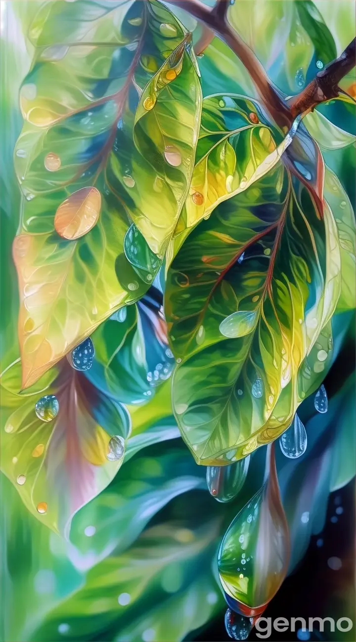 a painting of leaves with water drops on them