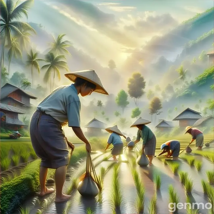 a painting of a woman working in a rice field