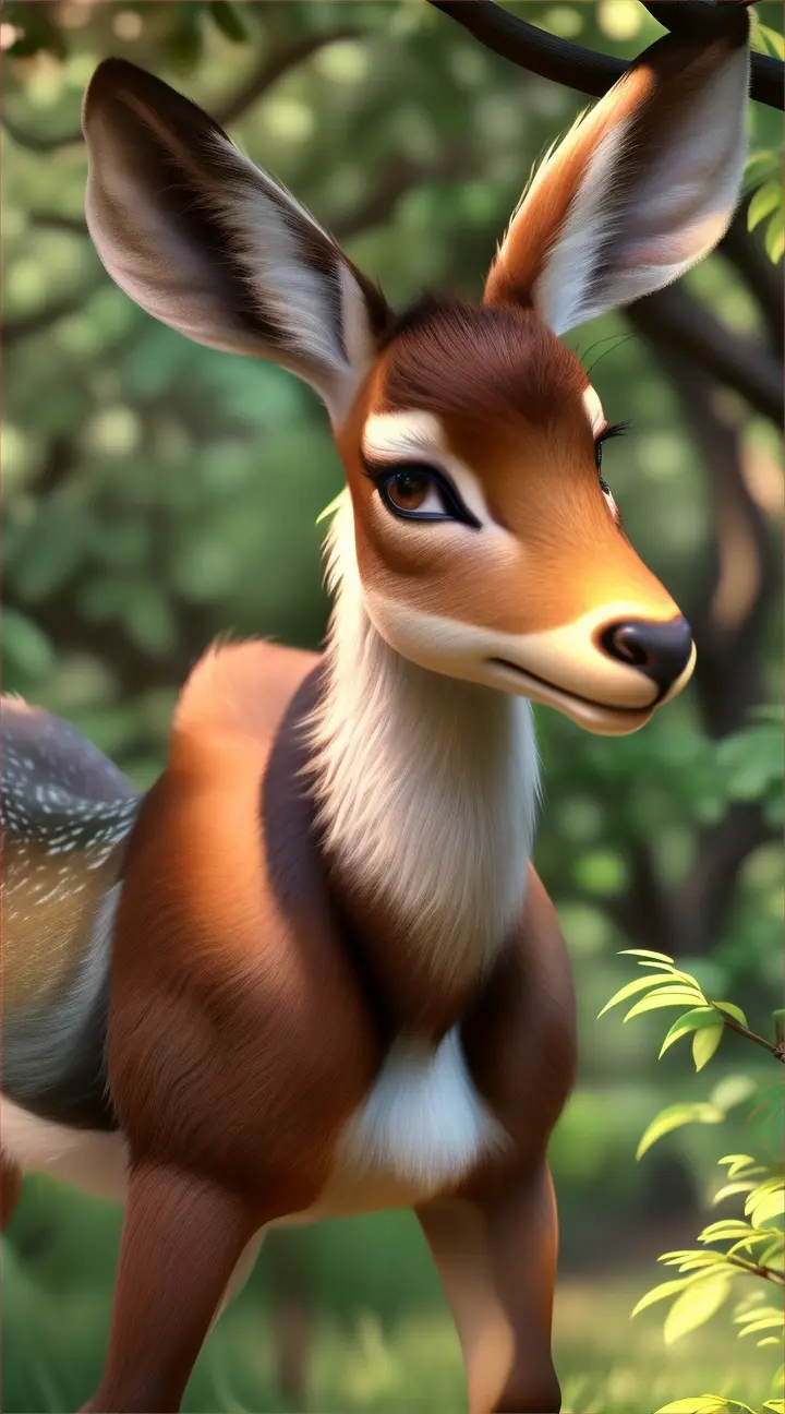 Create a realistic animation of a Bambi discovering a fruit trees.