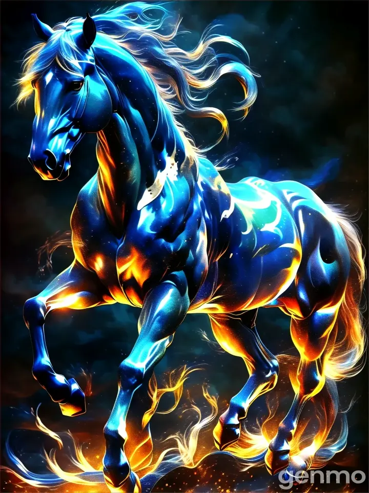 a painting of a blue horse running in the water