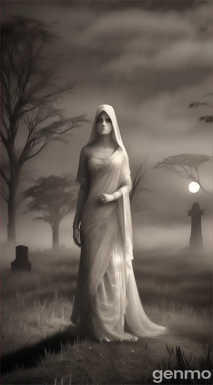 "A moonlit cemetery shrouded in mist, with old tombstones scattered around. A spectral figure in a white sari appears in the distance, her ghostly form glowing faintly in the darkness."