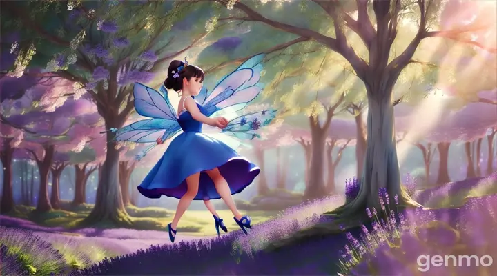 A animated girl in a blue dress swinging on a tree in a fantastical, glowing forest with large lavender blooms