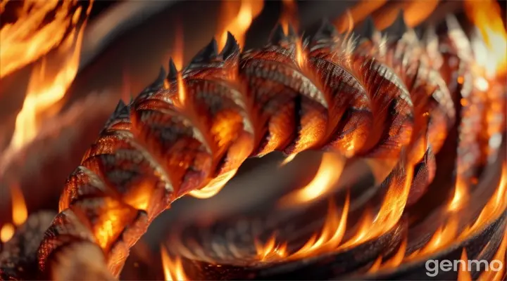 Fire . Flame. A mesmerizing spectacle of dancing flames. Realistic, croissant plan, macro photography