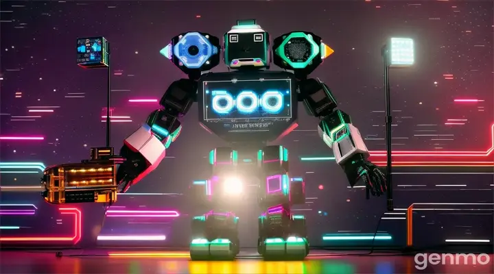 crea un robot futurista en un cubo de fondo negro, el robot toca la trompeta, imagen para una pantalla de concierto