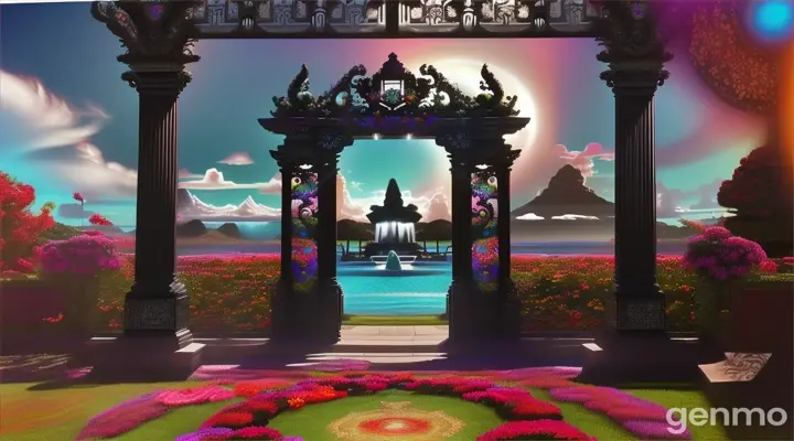 Nether portal, black pergola,  rectangle clouds, Polynesia, statue, swirl portal, flowers, grass