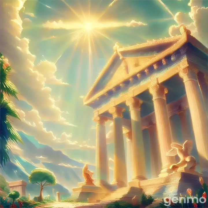 a painting of a roman temple surrounded by greenery