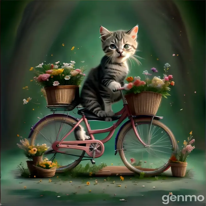 a kitten sitting on top of a bicycle with flowers