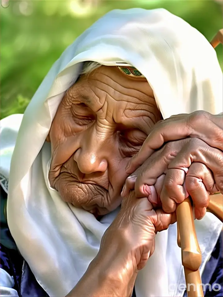 an old woman holding a cane and looking at the camera and her son standing next to her.