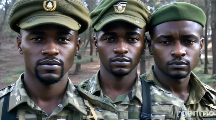 african men in their 40s, in military uniform, in the forest