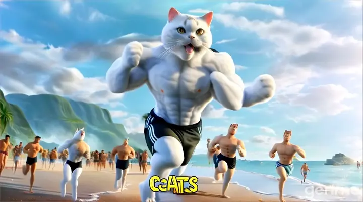 a cat running on a beach with a group of people behind him