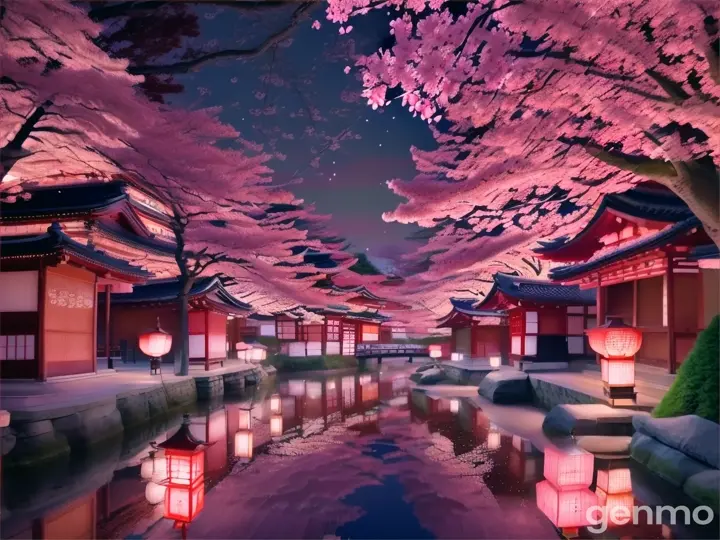 Cherry blossom festival at night, lanterns floating, Japanese woodblock print style